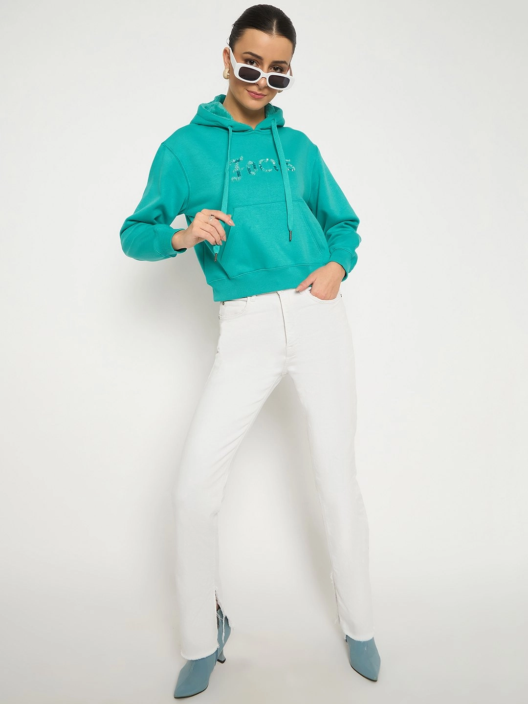 Madame Fleece Placement Printed Handwork Detailed Turquoise Sweatshirt style test product shipping