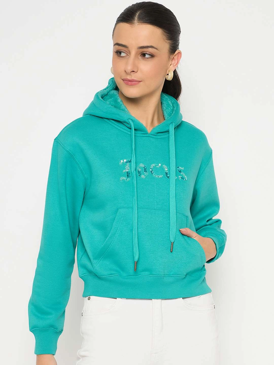 Casual Layers Madame Fleece Placement Printed Handwork Detailed Turquoise Sweatshirt