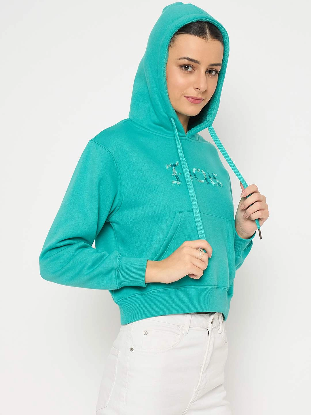 Madame Fleece Placement Printed Handwork Detailed Turquoise Sweatshirt Two-Tone Design Fashion Statement