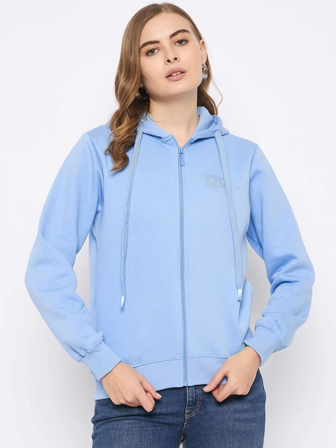 Madame Fleece Placement Printed Zipped Powder Blue Hooded Sweatshirt glove accents
