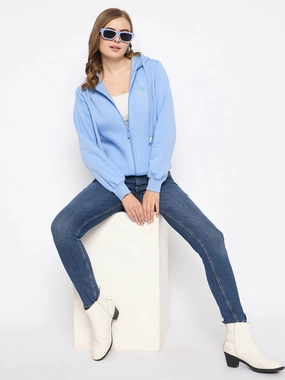 Madame Fleece Placement Printed Zipped Powder Blue Hooded Sweatshirt Stylish Essentials