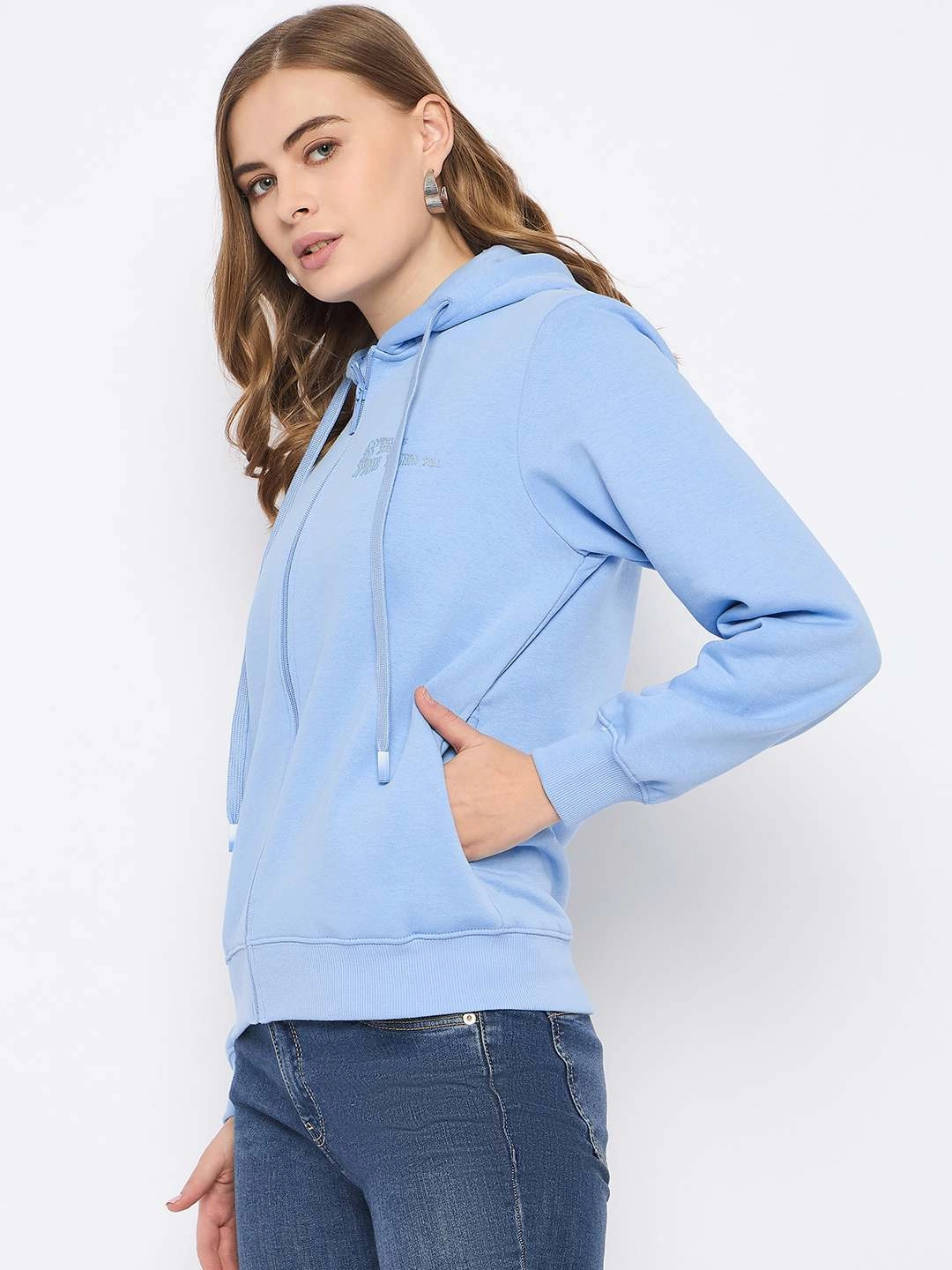 Comfy and Cozy product pricing Madame Fleece Placement Printed Zipped Powder Blue Hooded Sweatshirt