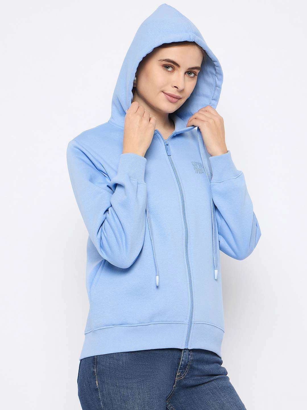 Madame Fleece Placement Printed Zipped Powder Blue Hooded Sweatshirt sporty wear Trendy Top