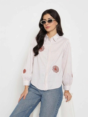 Plus size option Madame Floral Embroidery Beige Striped Shirt