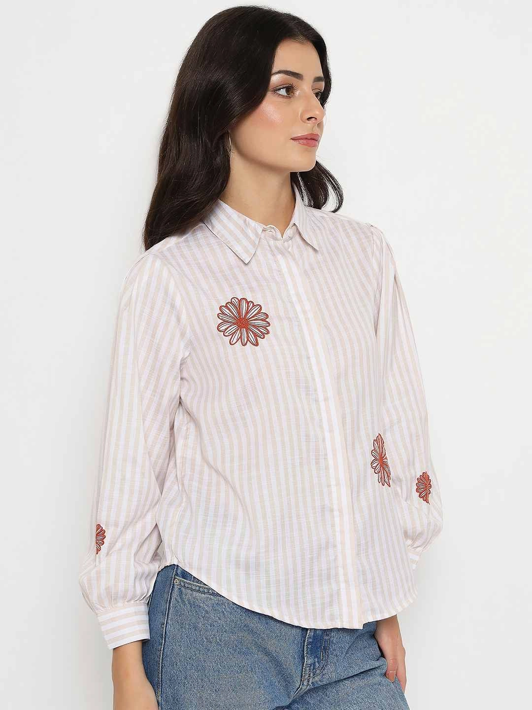 Unisex Option Summer Fashion Madame Floral Embroidery Beige Striped Shirt