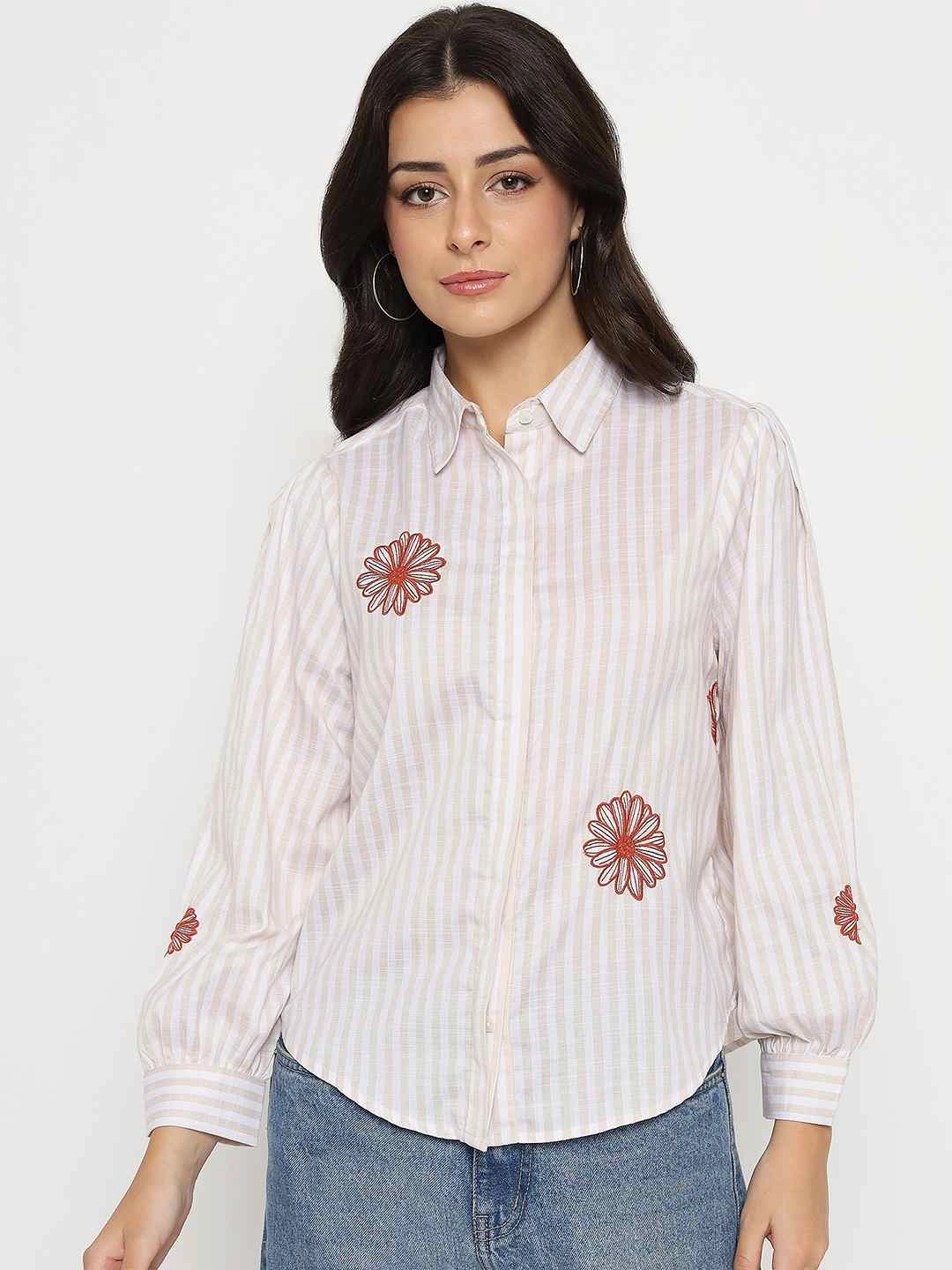 Madame Floral Embroidery Beige Striped Shirt Chill Layer Flex Fit Collar