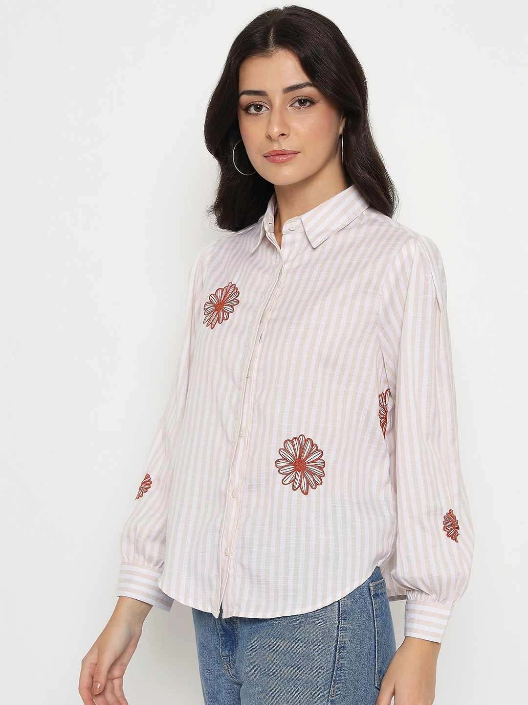 Gym Appropriate Luxurious Feel Madame Floral Embroidery Beige Striped Shirt