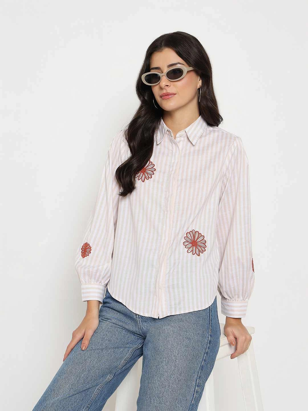 Plus size option Madame Floral Embroidery Beige Striped Shirt
