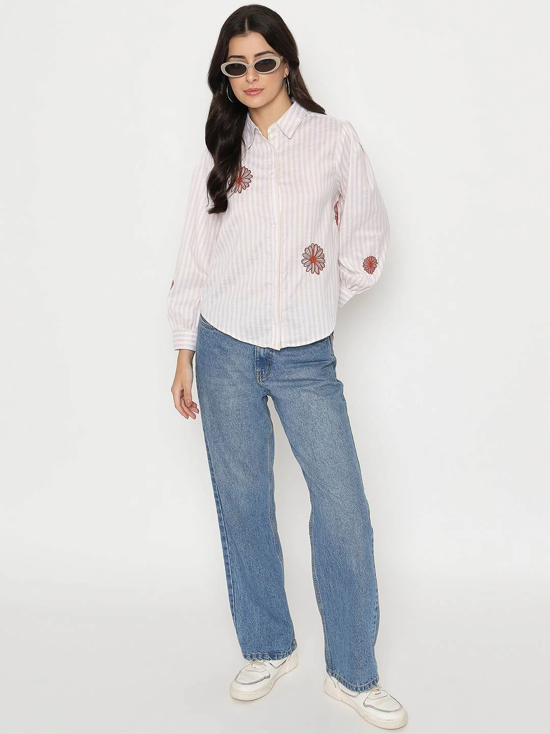 Comfy Fit Minimal Design Madame Floral Embroidery Beige Striped Shirt