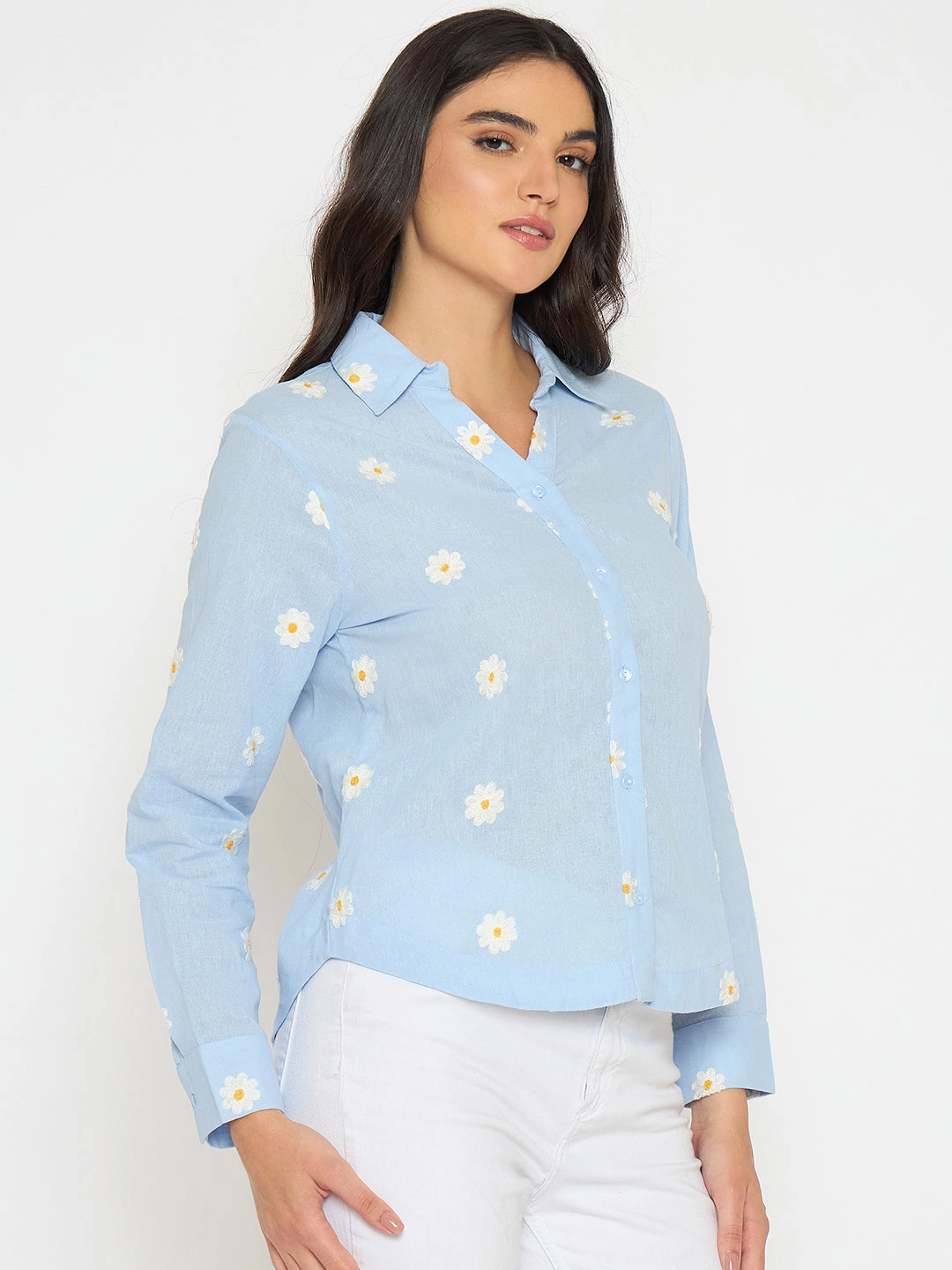 Country Escape Madame Floral Embroidery Blue Cotton Shirt