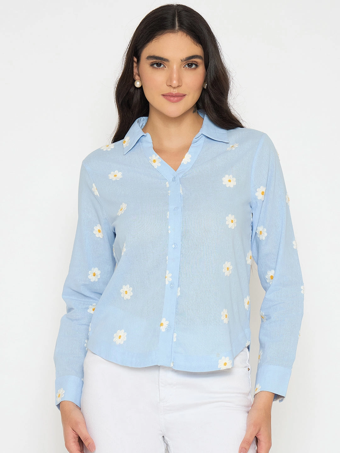 Madame Floral Embroidery Blue Cotton Shirt Eco friendly materials