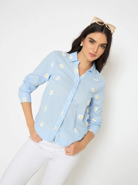 Coastal Vibes Madame Floral Embroidery Blue Cotton Shirt