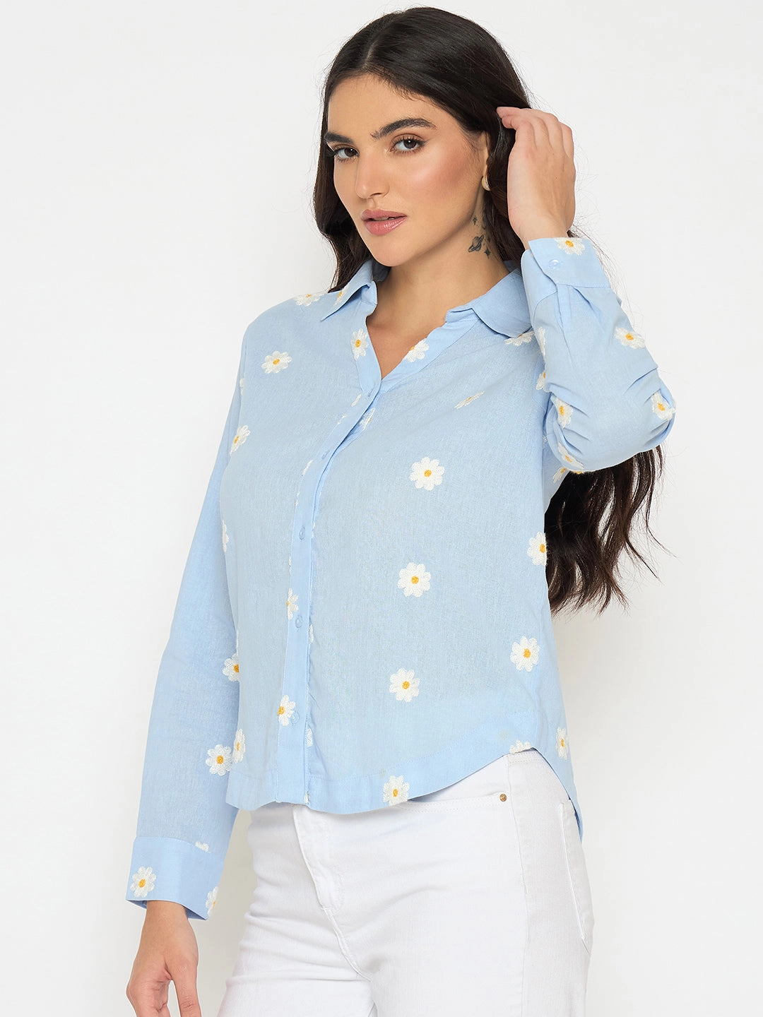 Abrasion Resistant Edges Versatile Layering Piece Madame Floral Embroidery Blue Cotton Shirt