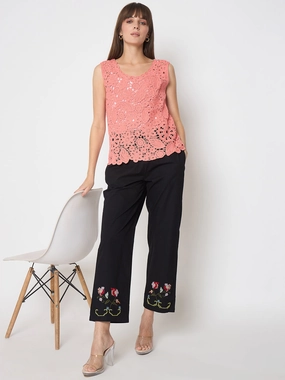Madame Floral Embroidery Wide Leg Black Cotton Trousers Comfortable Look Wear AntiSlipWaistband