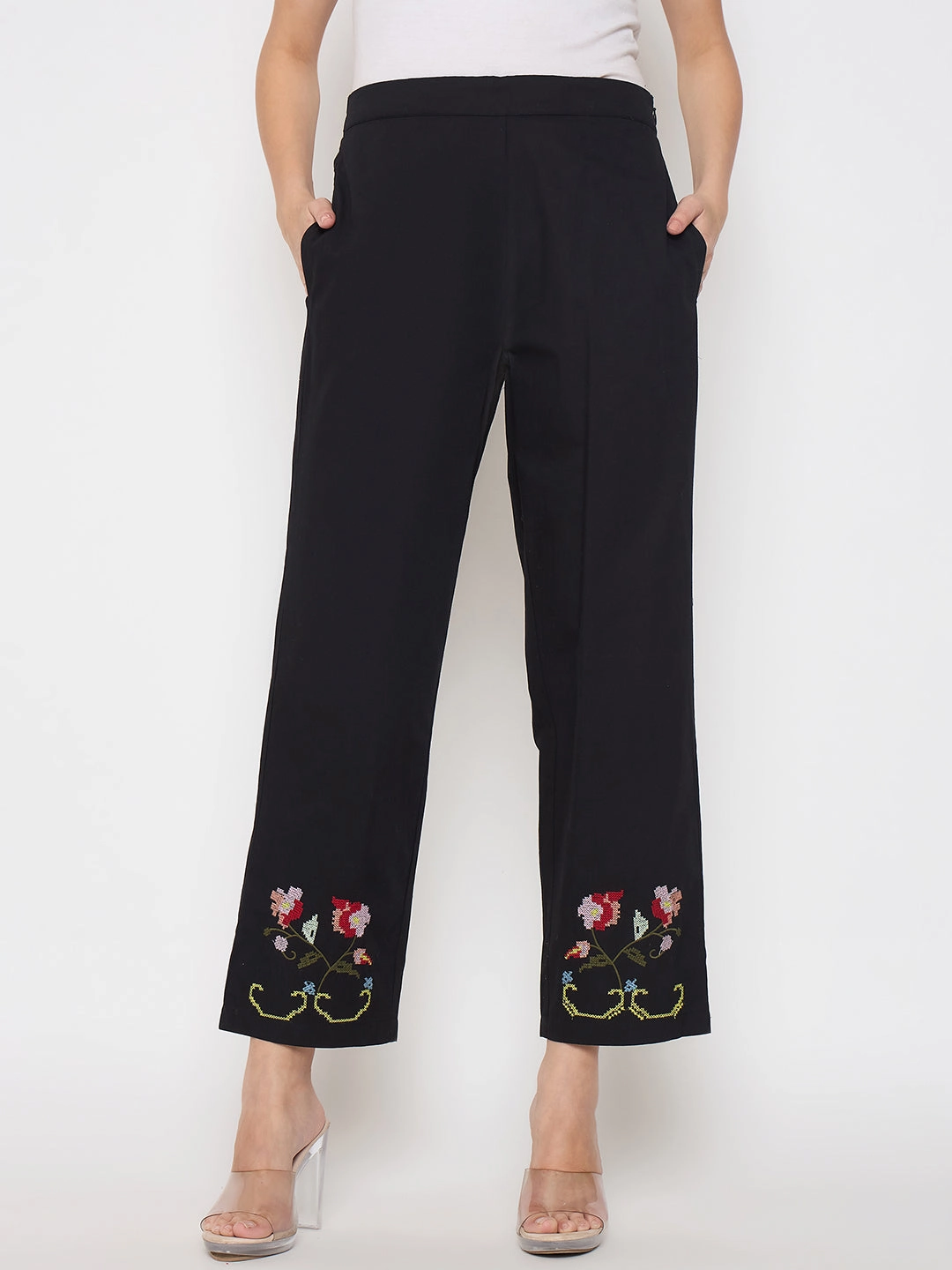 Moisture Lock Technology Minimalist Look Madame Floral Embroidery Wide Leg Black Cotton Trousers