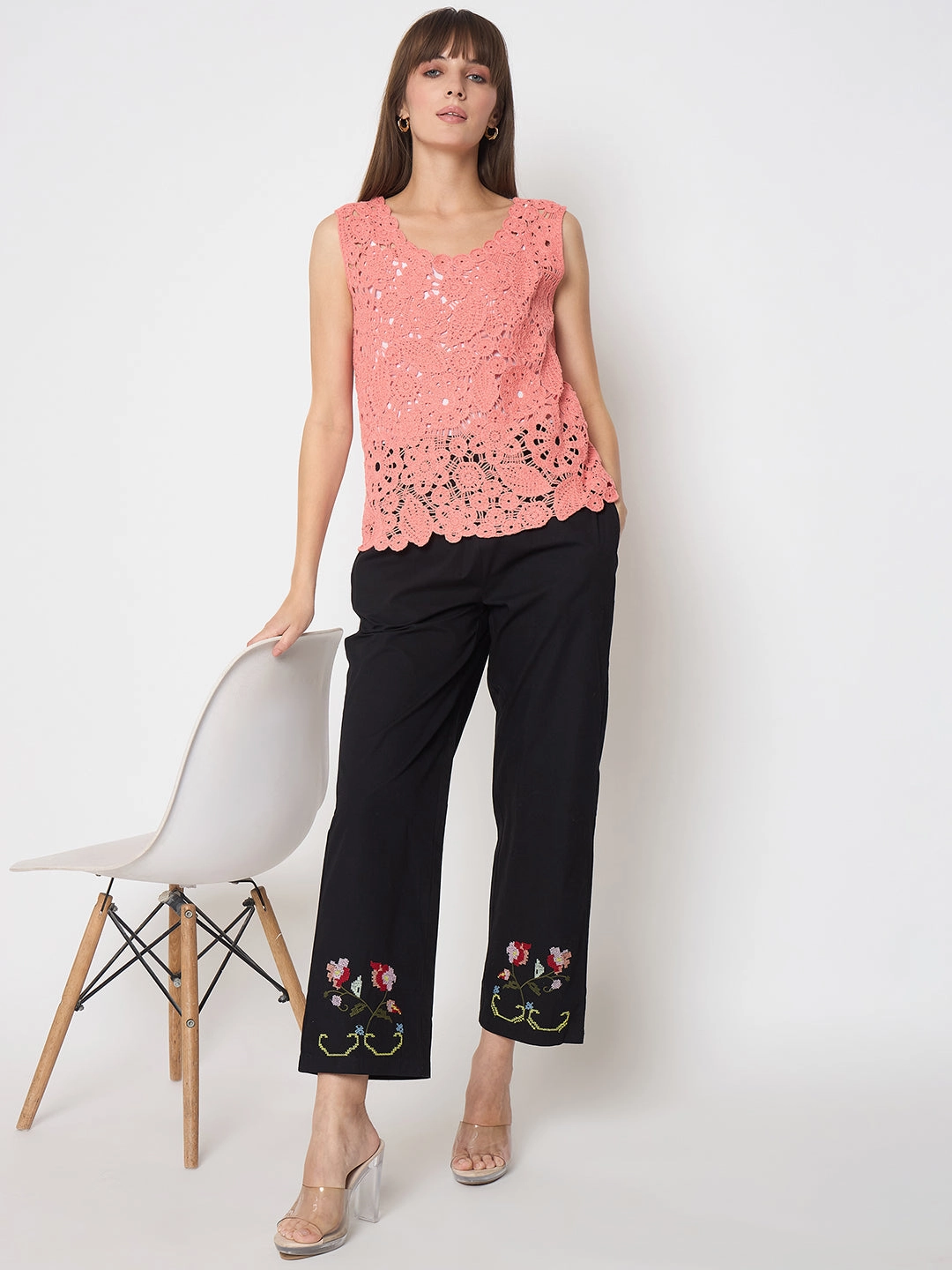 Madame Floral Embroidery Wide Leg Black Cotton Trousers Comfortable Look Wear AntiSlipWaistband