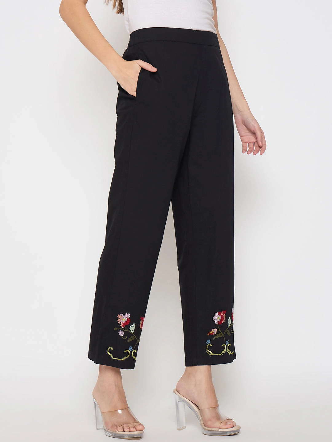 Fit Flex Soft Feel Madame Floral Embroidery Wide Leg Black Cotton Trousers