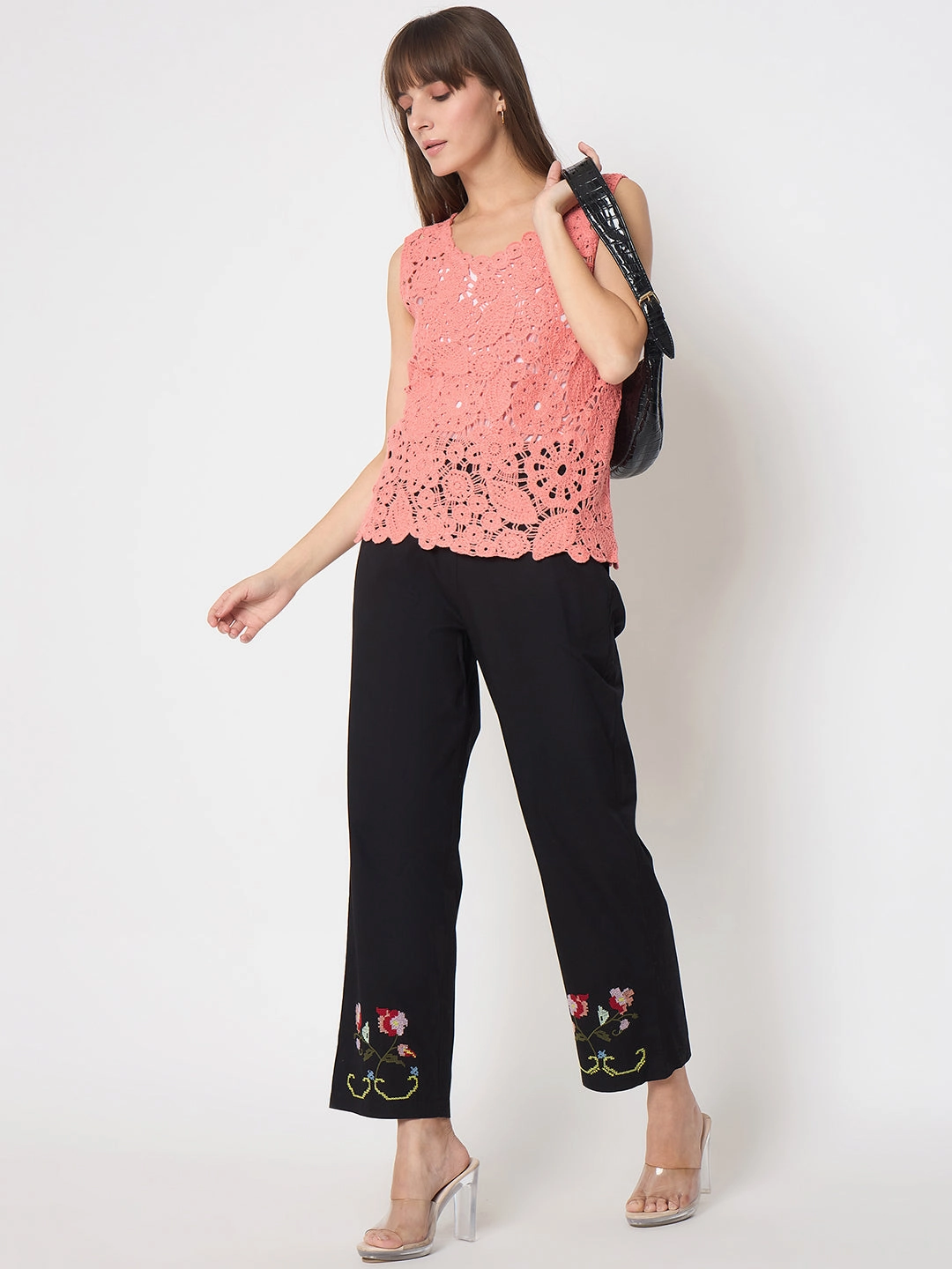 FunctionalZipper Active Layer Madame Floral Embroidery Wide Leg Black Cotton Trousers