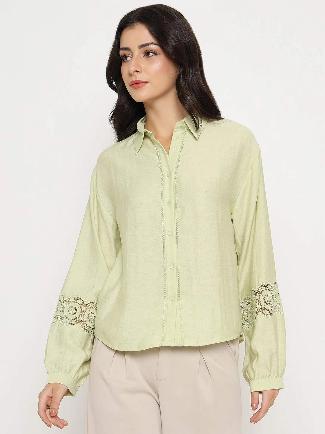 Smart Casual Wear Madame Floral Lace Insertion Green Rayon Blend Shirt
