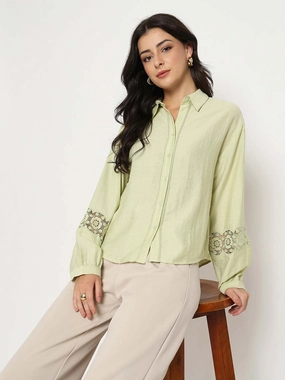 Adjustable Cuff Closure Mature Elegance Madame Floral Lace Insertion Green Rayon Blend Shirt