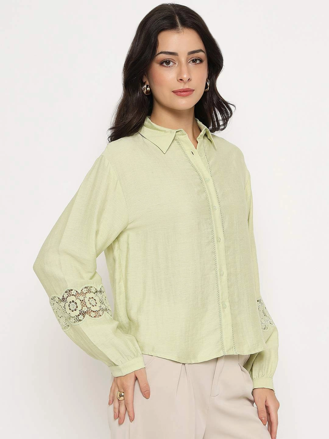 Madame Floral Lace Insertion Green Rayon Blend Shirt Wardrobe Essential