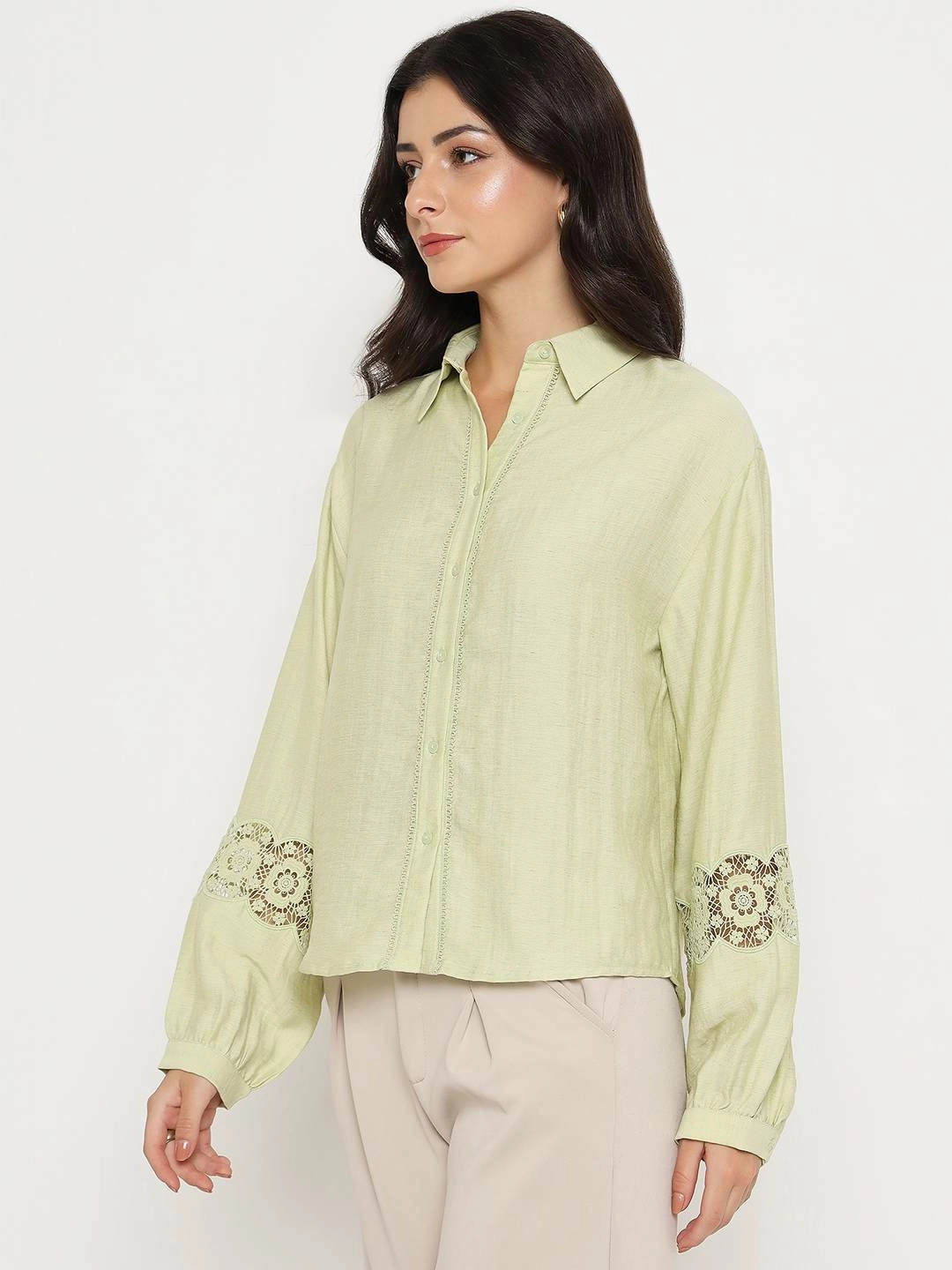 Madame Floral Lace Insertion Green Rayon Blend Shirt Moisture Management Tech Twill Weave