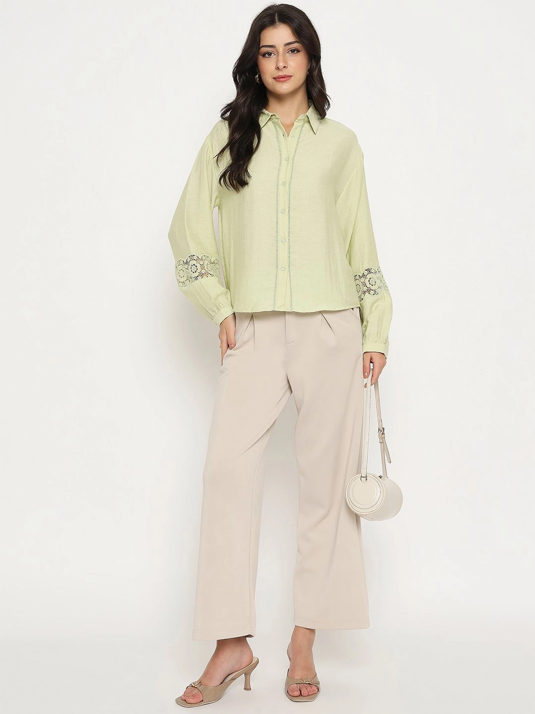 Relaxed Comfort Madame Floral Lace Insertion Green Rayon Blend Shirt