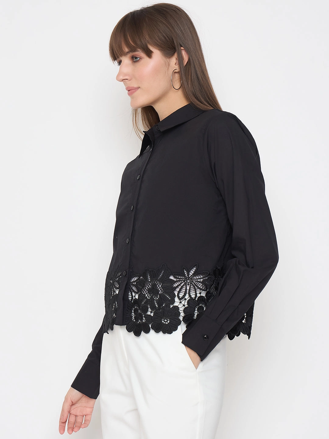 Madame Floral Lace Scalloped Hem Black Shirt elegant design
