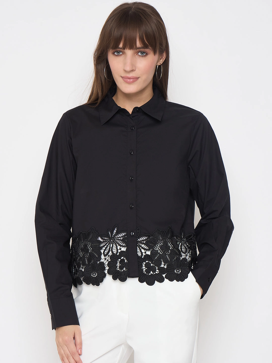 Versatile Design Patterned Texture Madame Floral Lace Scalloped Hem Black Shirt