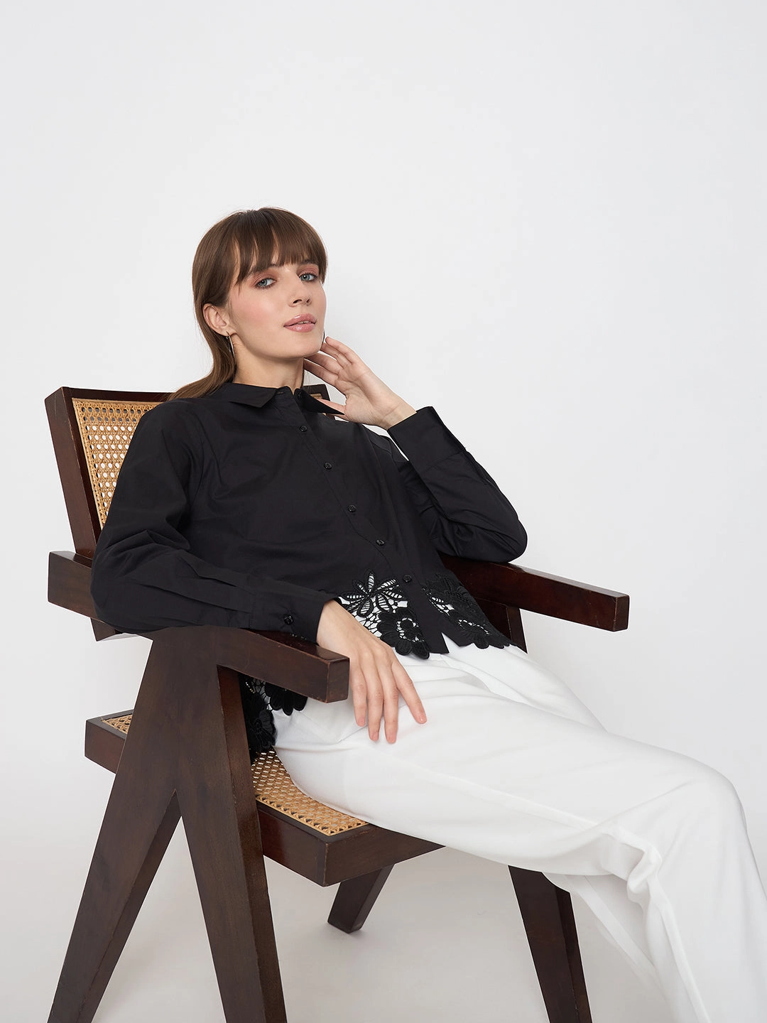 Cocktail Event Madame Floral Lace Scalloped Hem Black Shirt