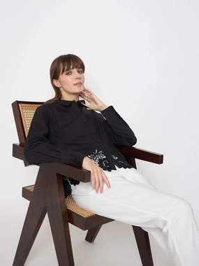 Cocktail Event Madame Floral Lace Scalloped Hem Black Shirt