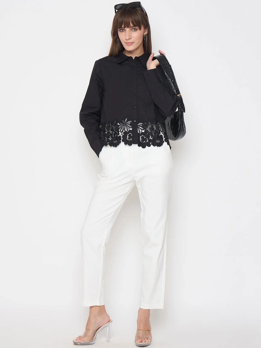 Sporty Appeal Madame Floral Lace Scalloped Hem Black Shirt