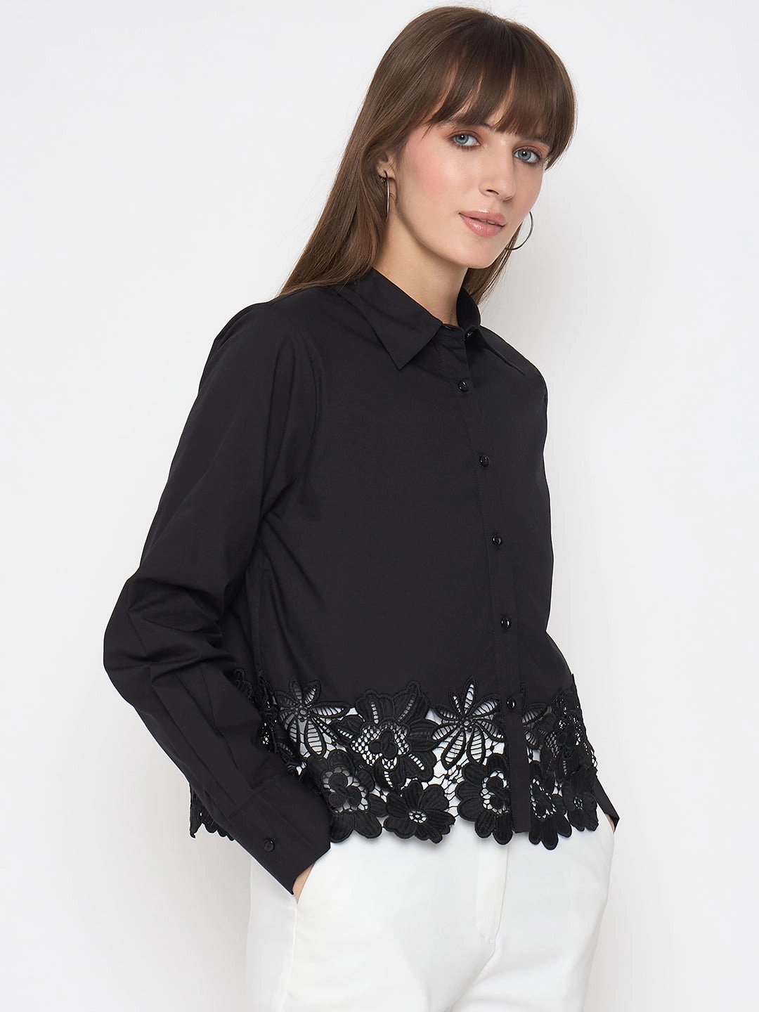 Smart Casual Madame Floral Lace Scalloped Hem Black Shirt