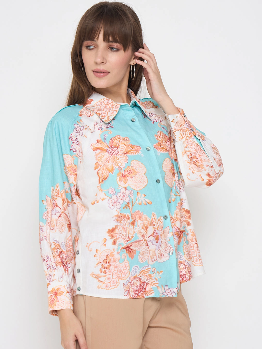 Madame Floral Print Colorblock Blue Shirt Neutral Colors