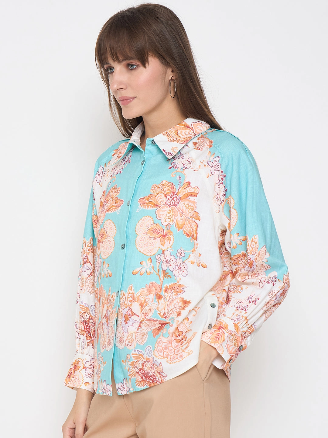 Madame Floral Print Colorblock Blue Shirt Chilly Weather Wear Elegant Finish