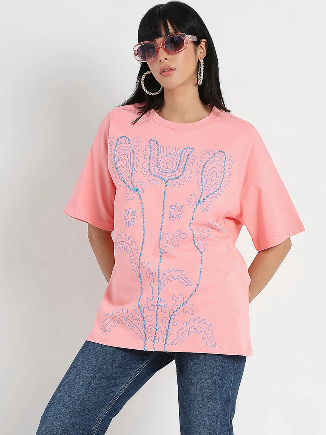 Madame Floral Print Oversize Fit  Peach Cotton T-shirt Comfortable clothing