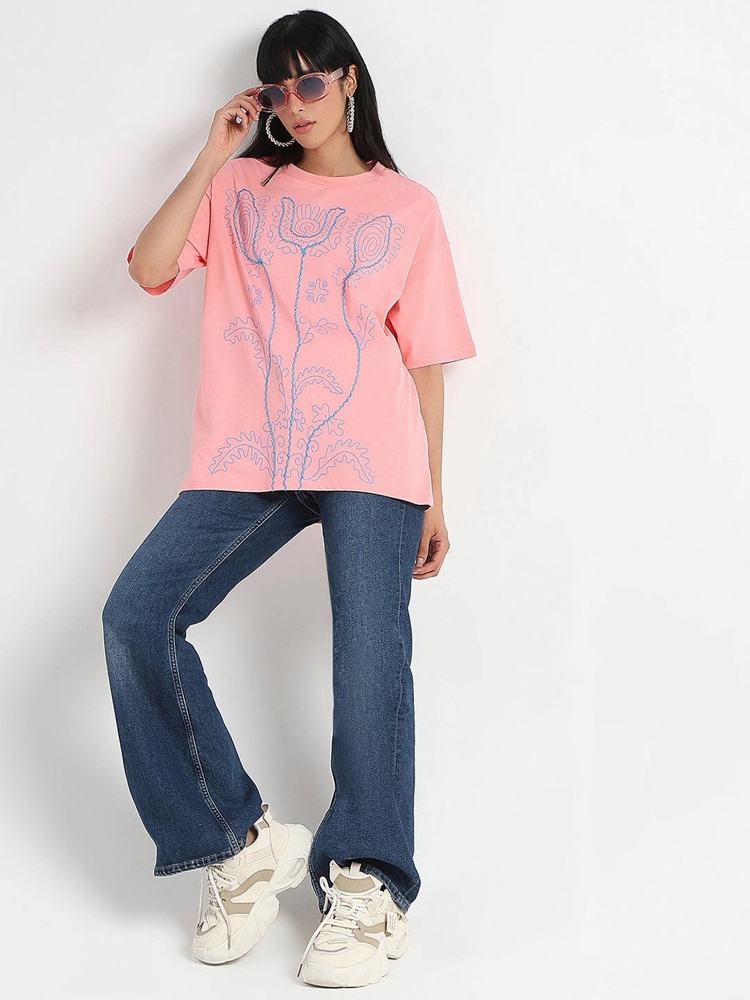 Long Sleeve Fashion and Comfort Madame Floral Print Oversize Fit  Peach Cotton T-shirt