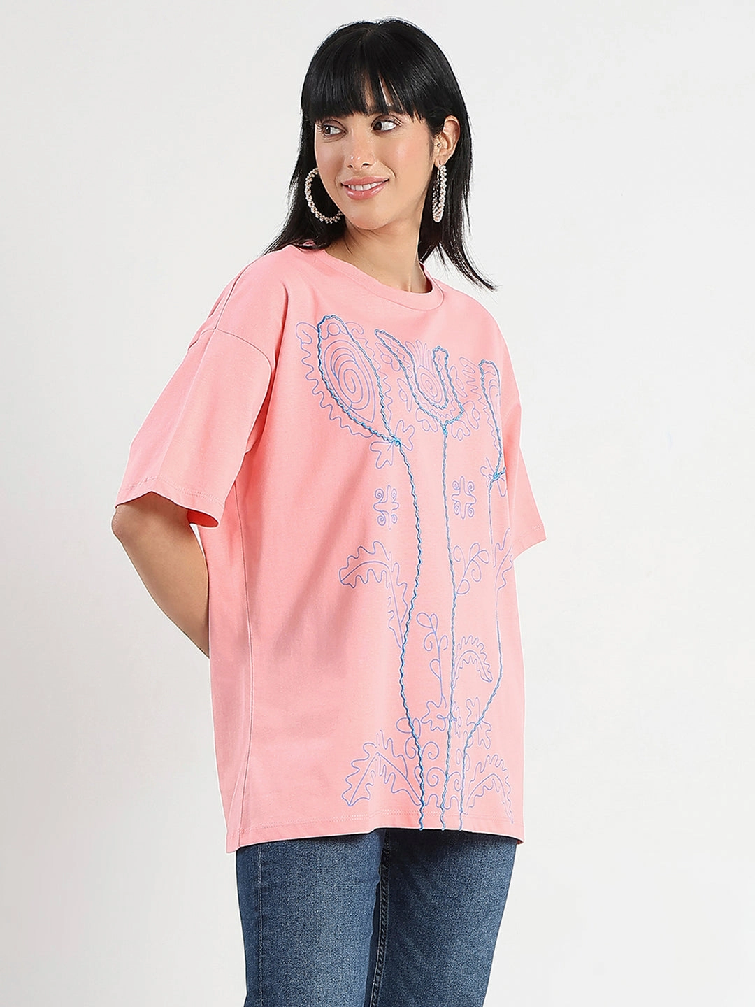 Madame Floral Print Oversize Fit  Peach Cotton T-shirt Relaxed Waist casual and comfortable