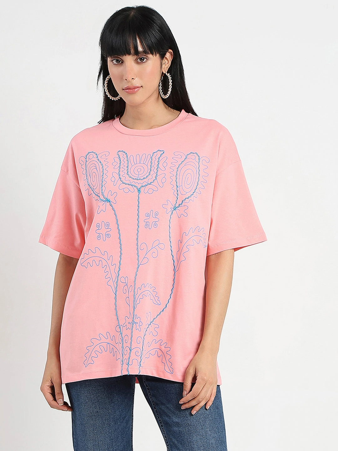 Pocket Design Madame Floral Print Oversize Fit  Peach Cotton T-shirt