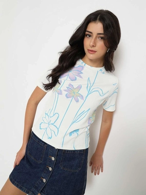 Madame Floral Print Sequin Detailed White T-Shirt Summer Style