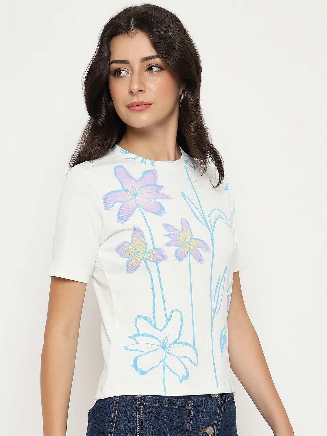 Abstract print Seam Free Back Madame Floral Print Sequin Detailed White T-Shirt