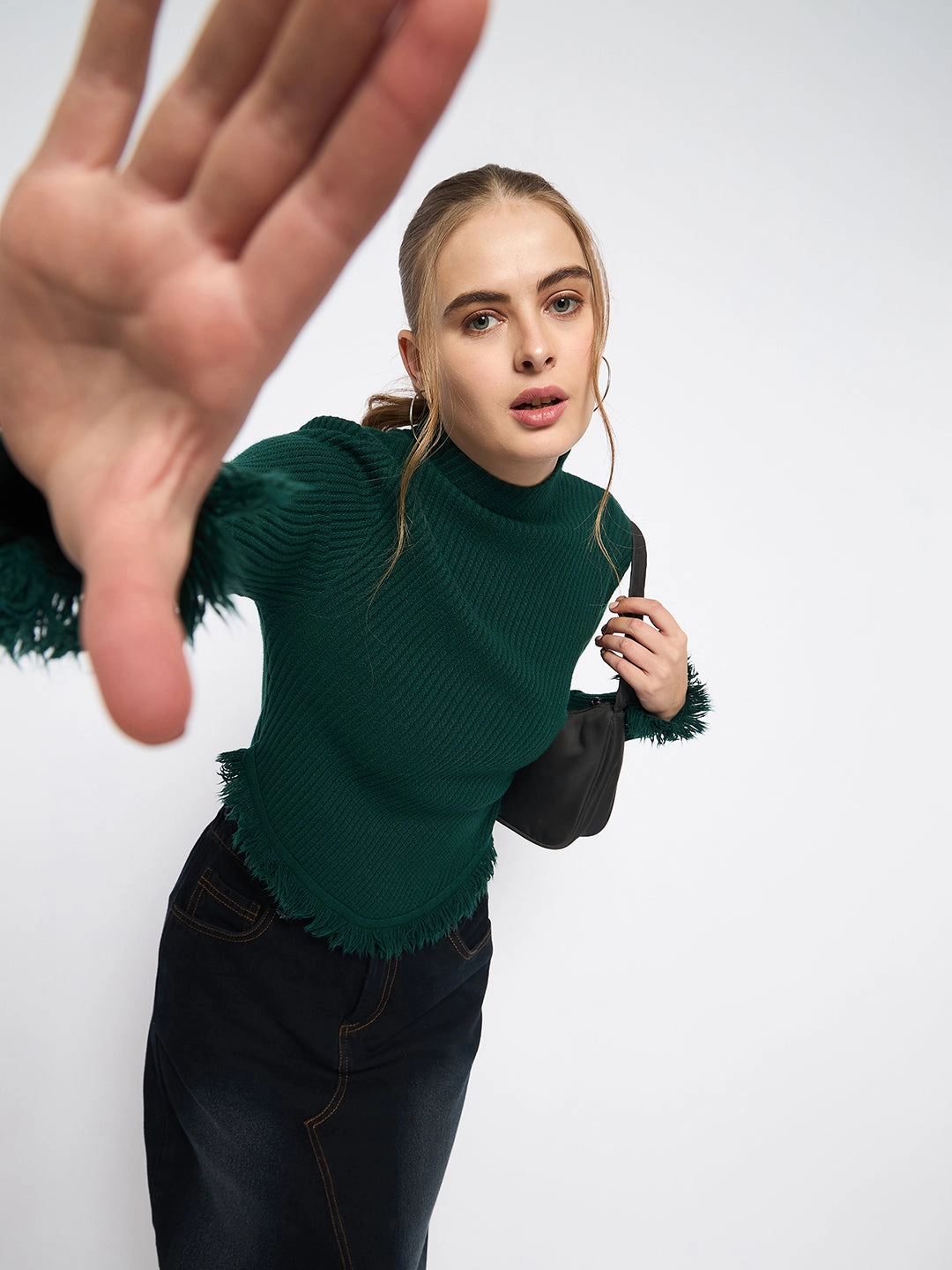 Fashionable Layer Minimalist Style Madame Fringe Hem Mock Neck Green Sweater