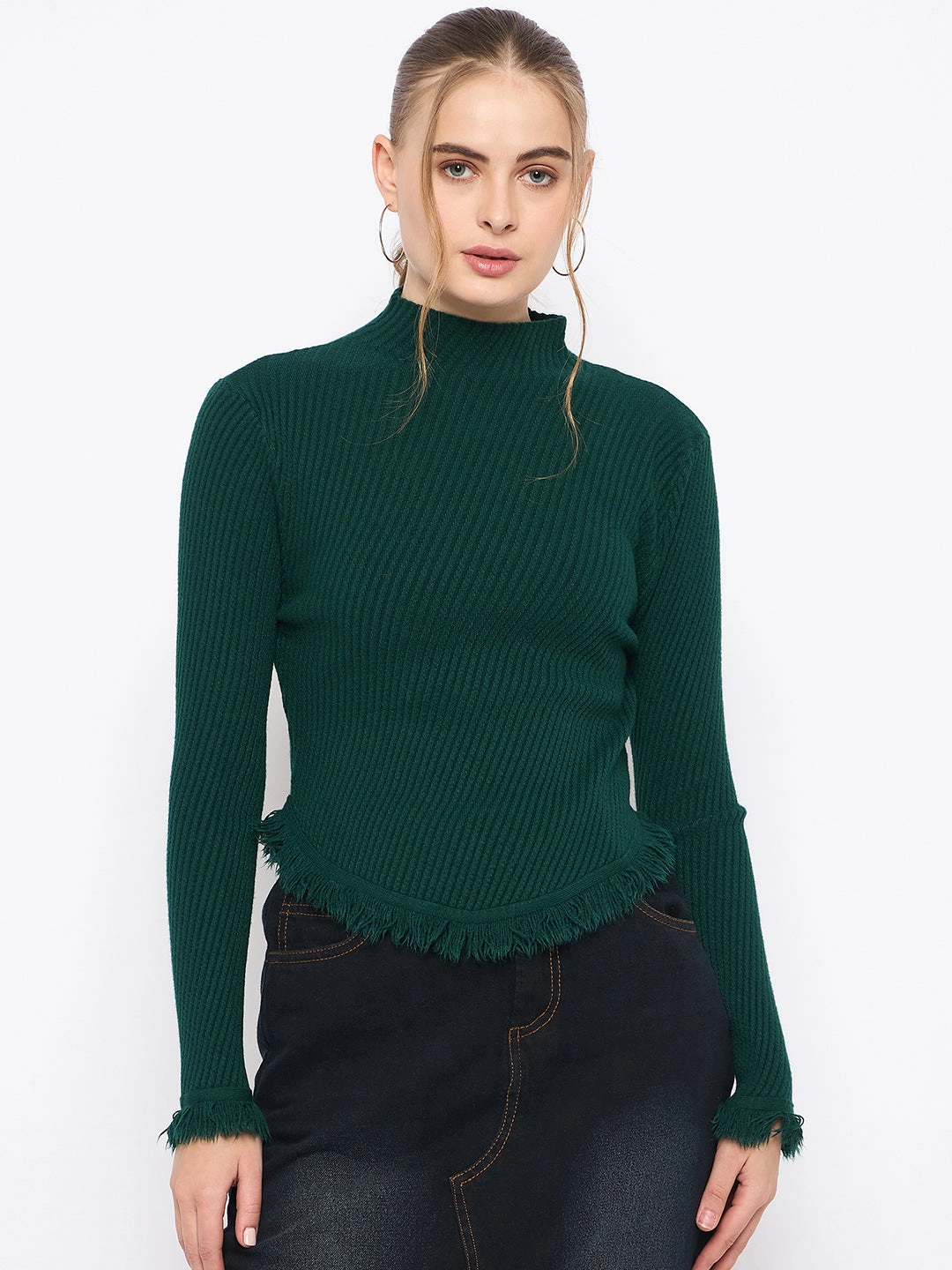 Madame Fringe Hem Mock Neck Green Sweater Cozy Design Wear Versatile Look