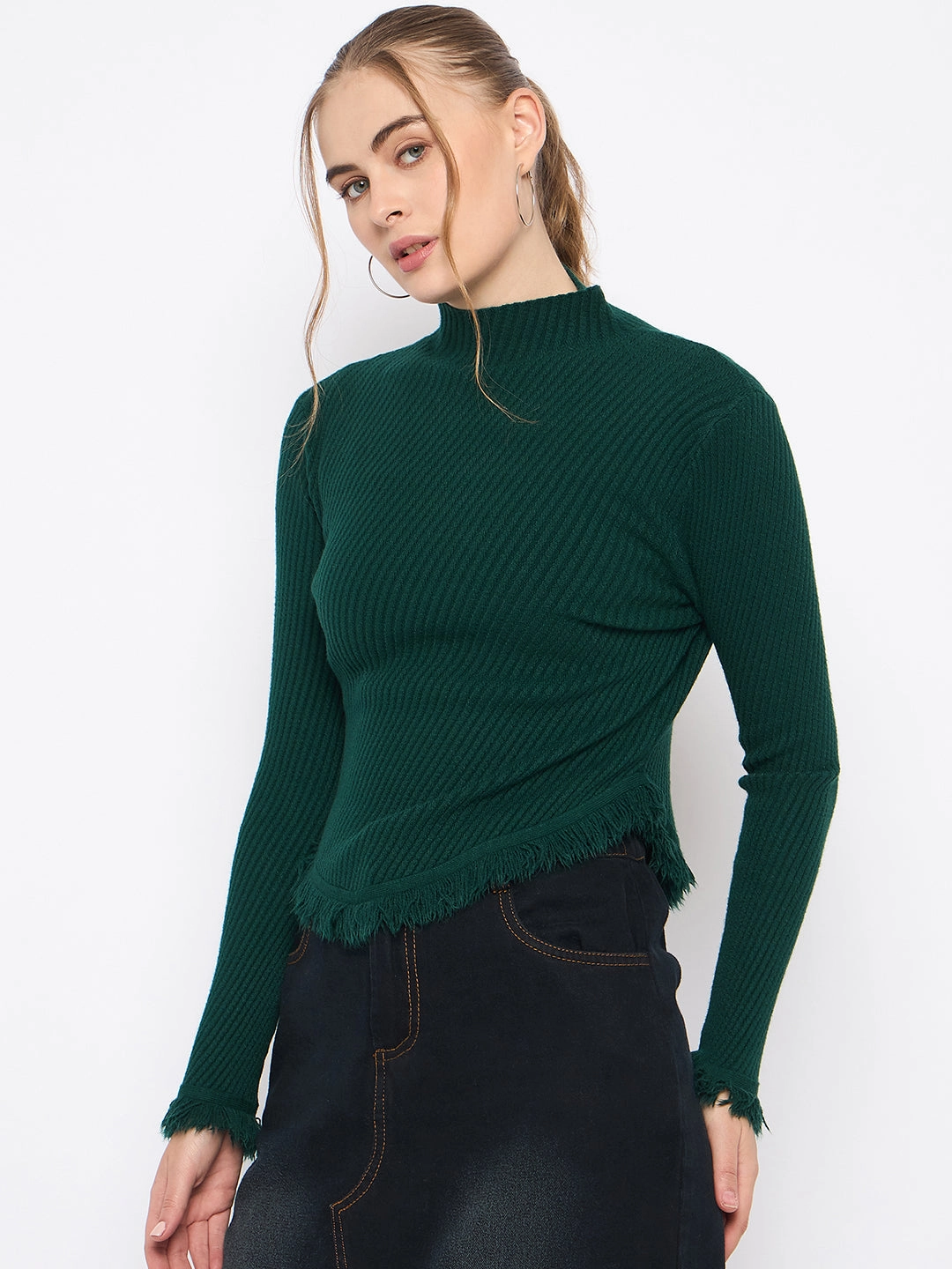 Madame Fringe Hem Mock Neck Green Sweater Comfy and Stylish