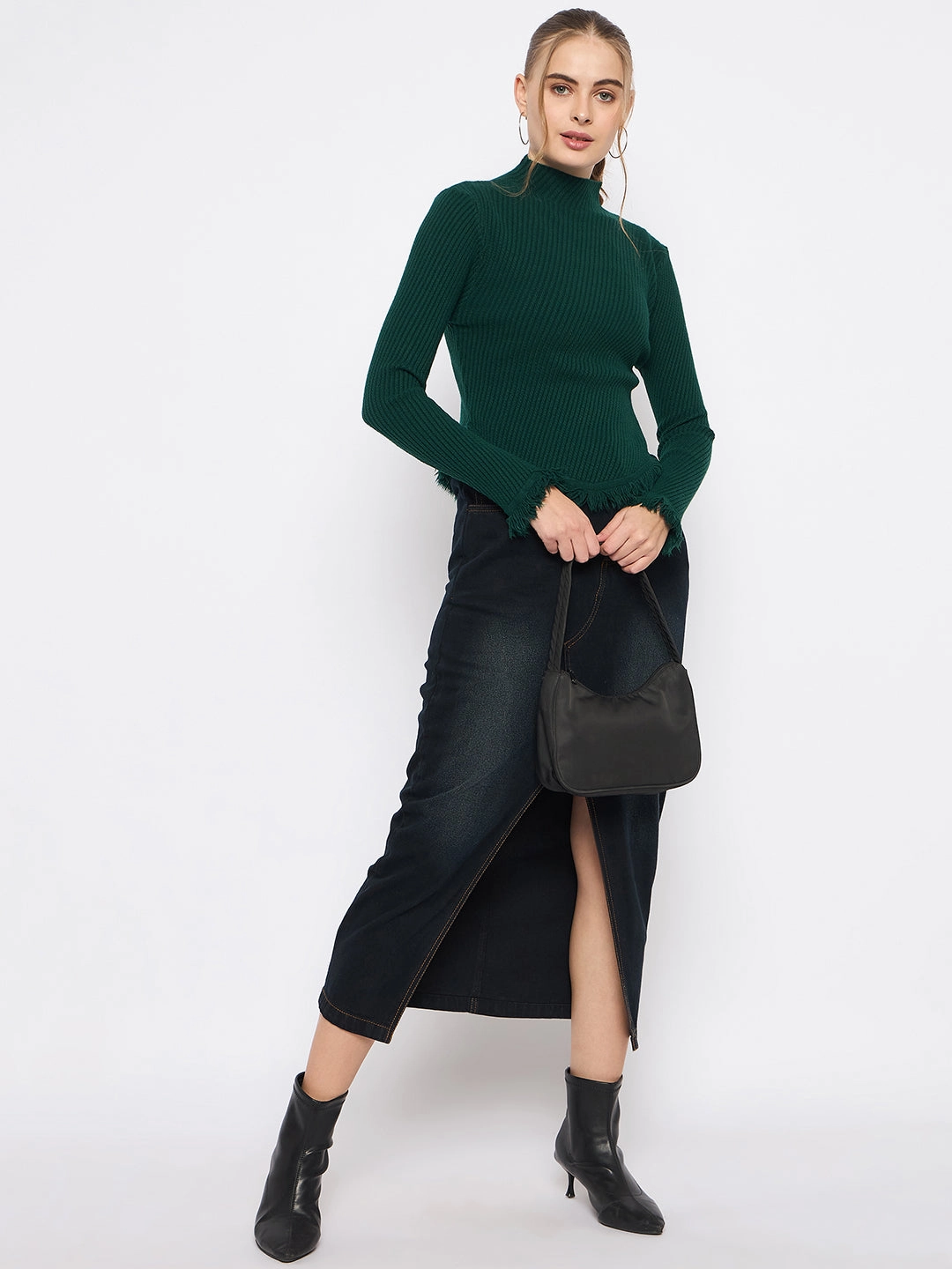 Madame Fringe Hem Mock Neck Green Sweater Soft comfort layer Casual Knit Style