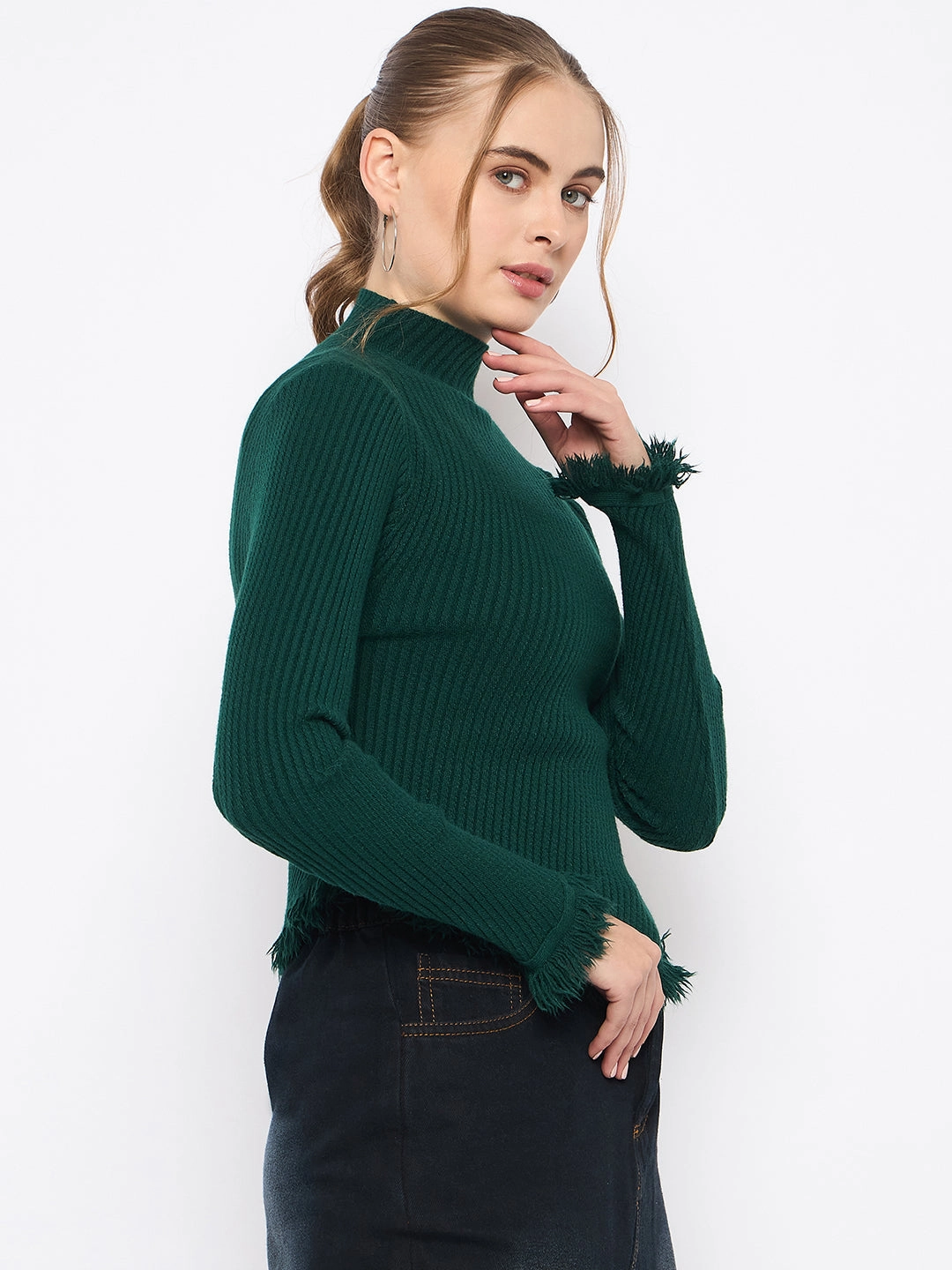 Madame Fringe Hem Mock Neck Green Sweater Effortless Comfort