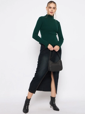 Madame Fringe Hem Mock Neck Green Sweater Soft comfort layer Casual Knit Style