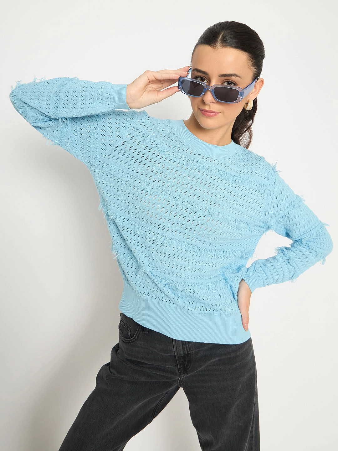 Madame Fringe Textured Brown Cotton Sweater Perfect Design