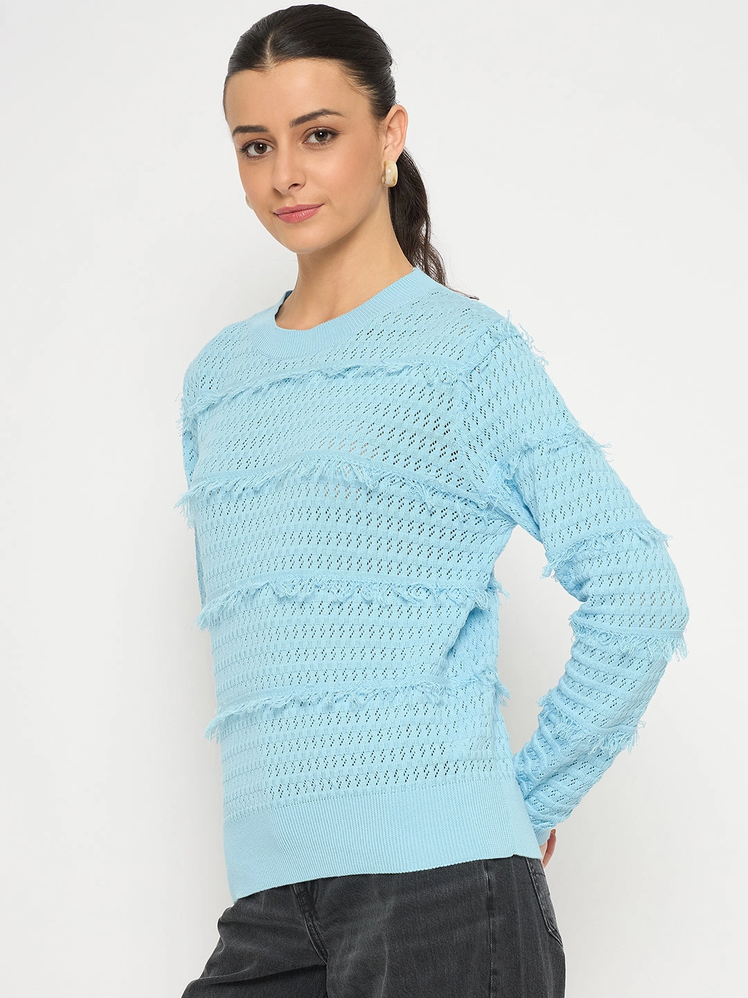 Madame Fringe Textured Brown Cotton Sweater Quick Style Fade Resistant Textiles