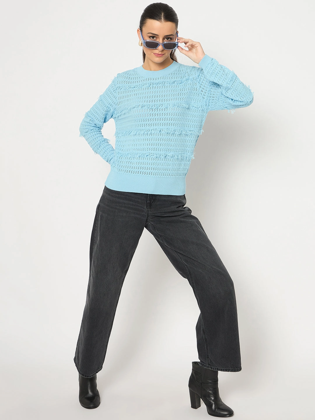 Breathable mesh Warm Layers Madame Fringe Textured Brown Cotton Sweater